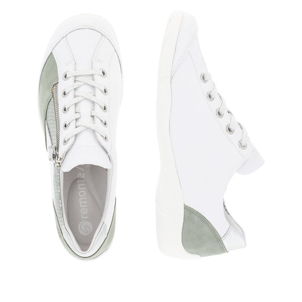 Pure white remonte women´s lace-up shoes R3410-80 with zipper and comfort width G. Shoe from the top, lying.