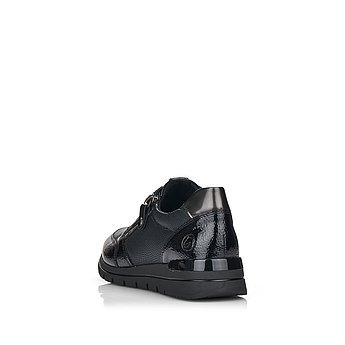 Schwarze Halbschuhe aus Lederimitat mit Reißverschluss und Schnürung und Wechselfußbett. Schuh von hinten.