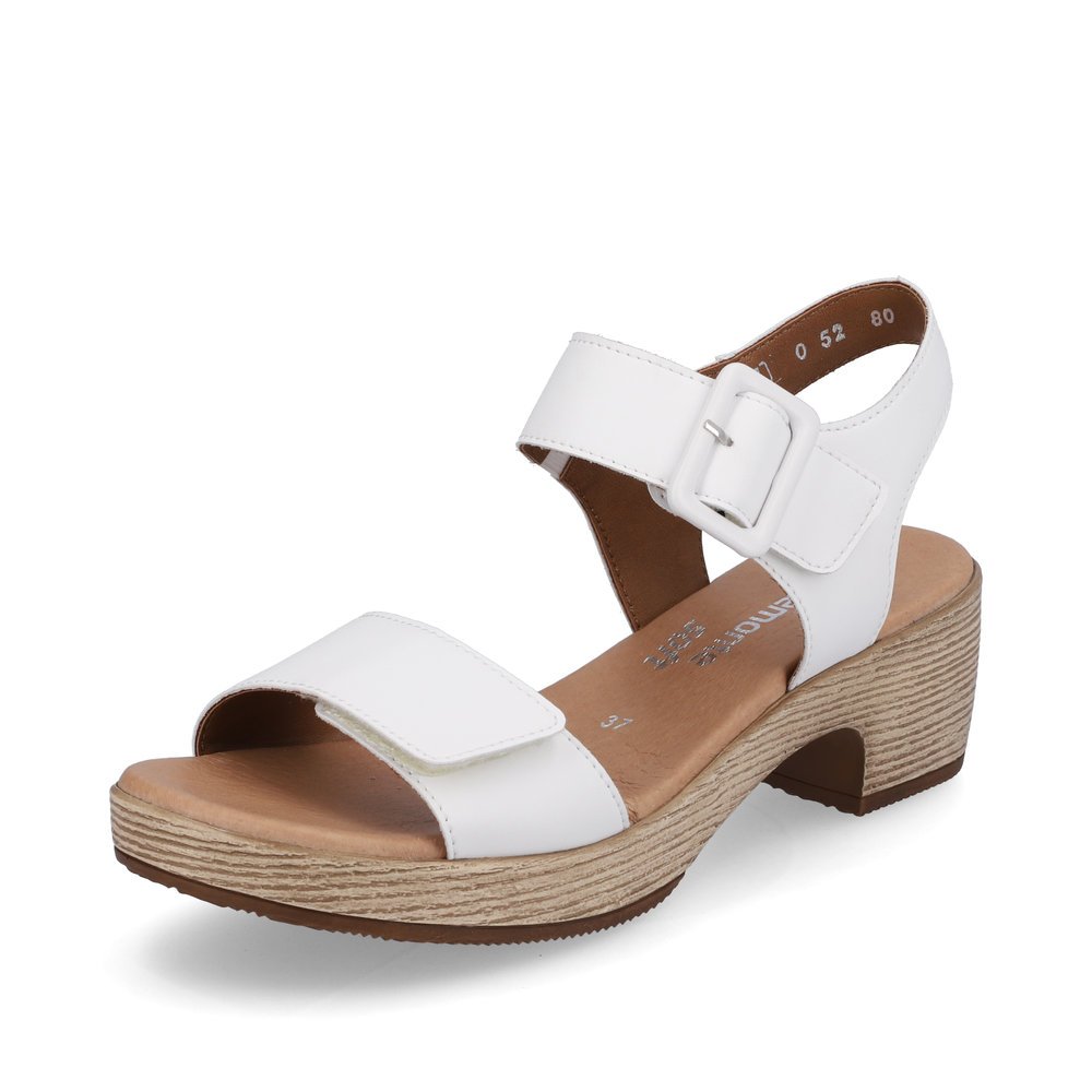 White remonte women´s strap sandals D0N52-80 with hook and loop fastener. Shoe laterally.