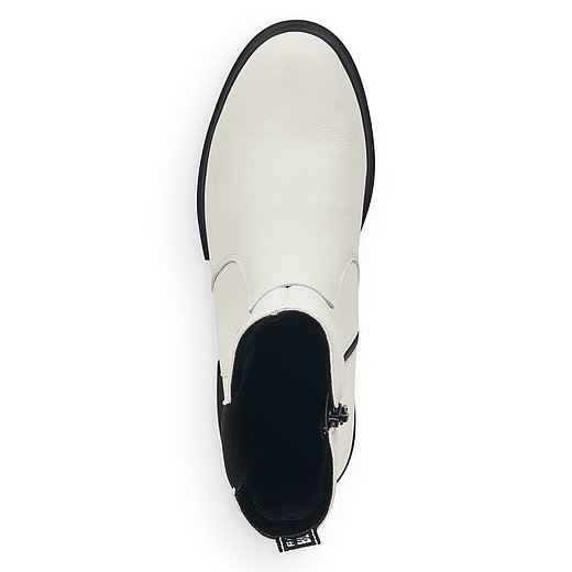 Weisse Stiefeletten leicht wärmend aus Glattleder mit Reißverschluss und Wechselfußbett. Schuh von oben. 