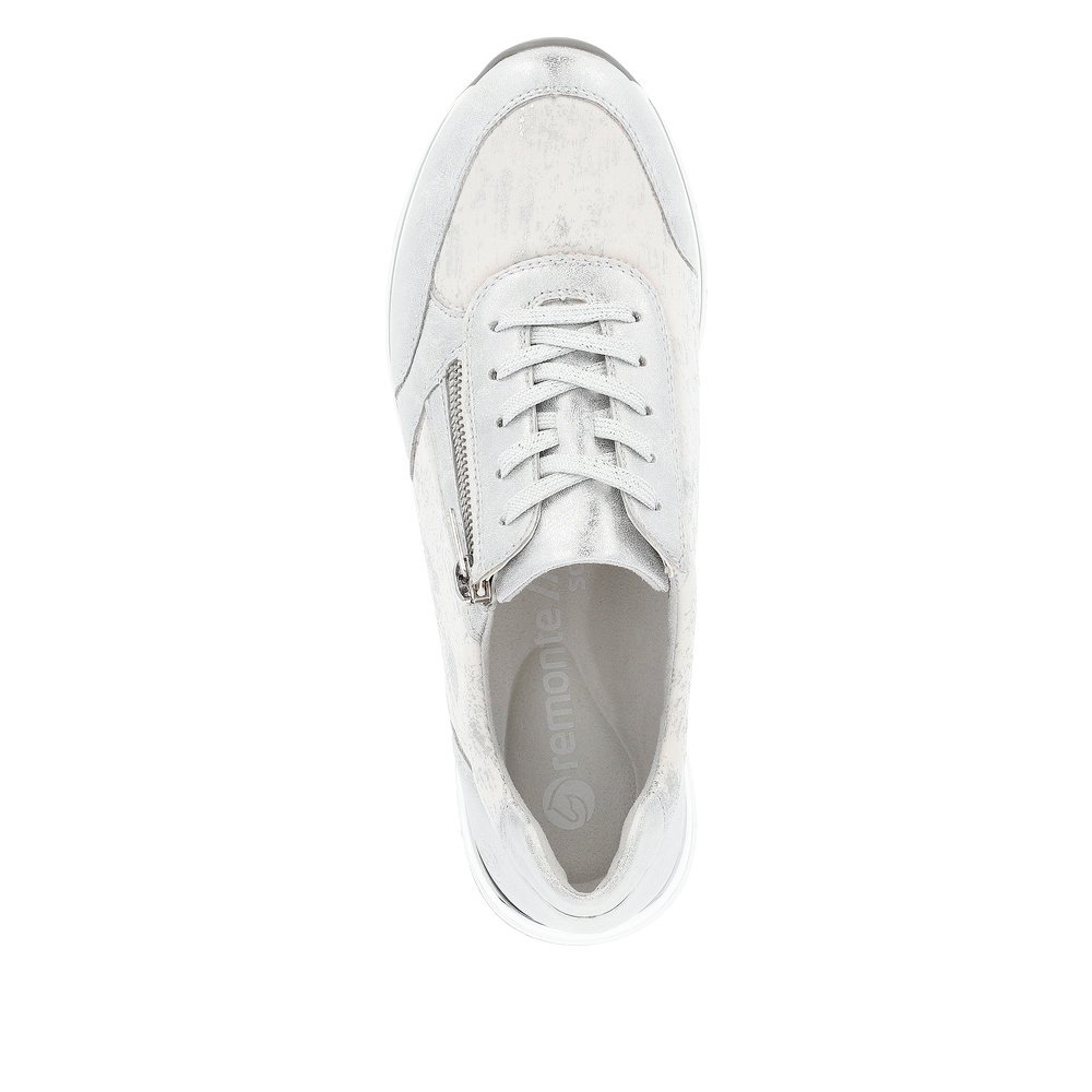 Silver remonte women´s sneakers R6700-91 with a zipper and washed-out pattern. Shoe from the top.