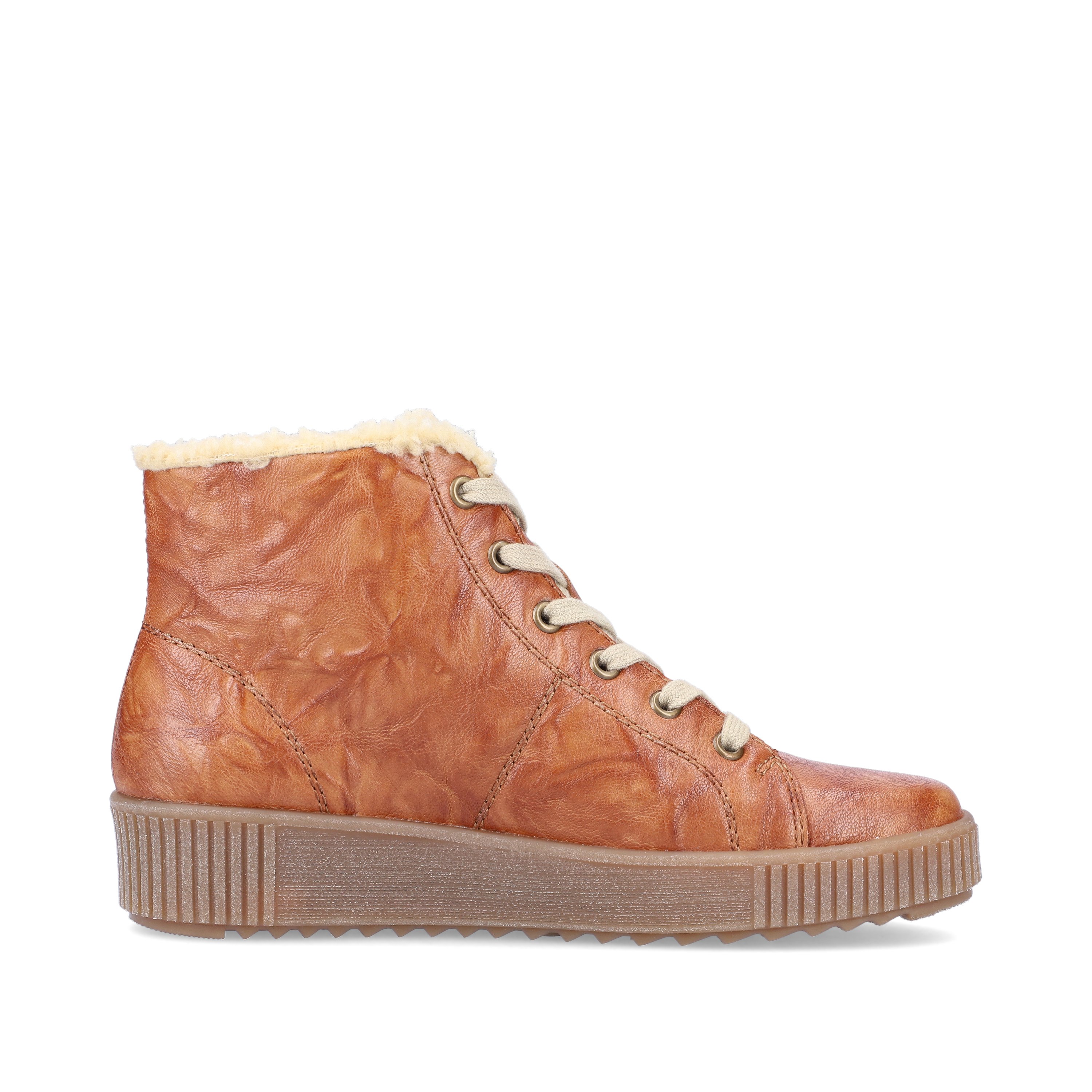 Wood brown remonte women´s lace-up boots R7980-23 with flexible platform sole. Shoe inside