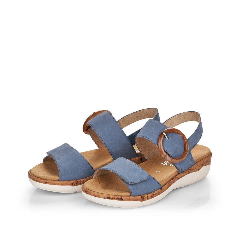 Ocean blue remonte women´s strap sandals R6853-14 with hook and loop fastener. Shoes laterally.