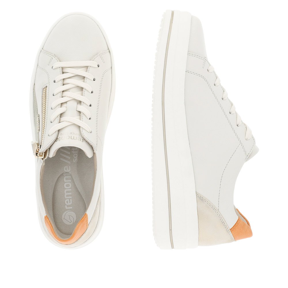 White remonte women´s sneakers D1C01-82 with a zipper and comfort width G. Shoe from the top, lying.