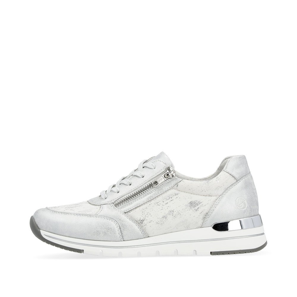 Silver remonte women´s sneakers R6700-91 with a zipper and washed-out pattern. Outside of the shoe.