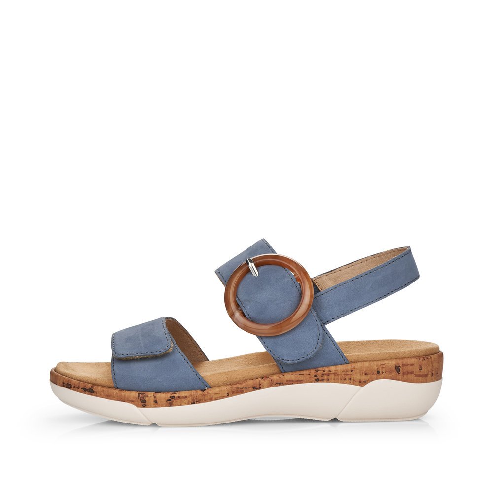 Ocean blue remonte women´s strap sandals R6853-14 with hook and loop fastener. Outside of the shoe.