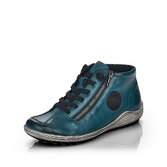 Blaue Kurzstiefel leicht wärmend aus Glattleder mit Reißverschluss und Schnürung und Wechselfußbett. Schuh seitlich schräg.