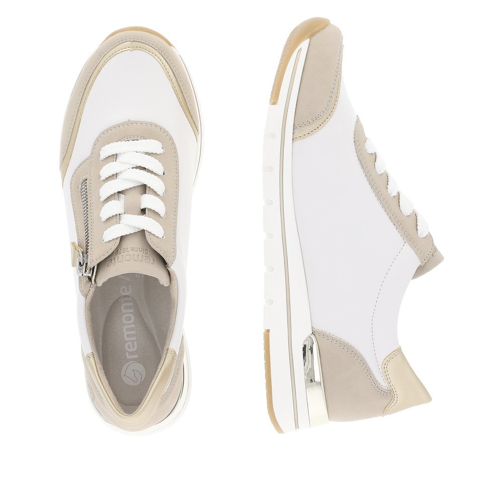 White vegan remonte women´s sneakers R6709-80 with a zipper and comfort width G. Shoe from the top, lying.