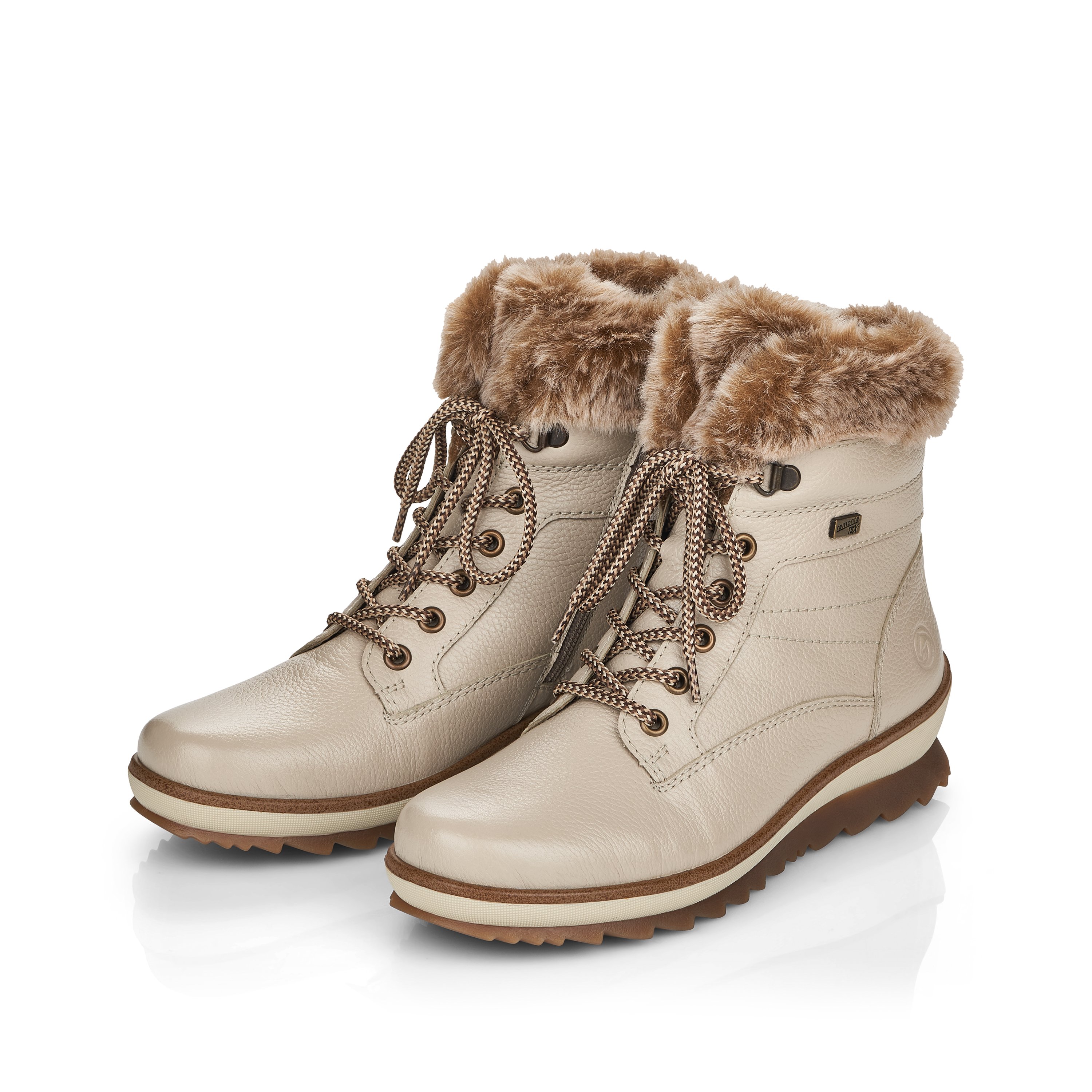 Brown beige remonte women´s lace-up boots R8477-60 with cushioning profile sole. Shoe laterally