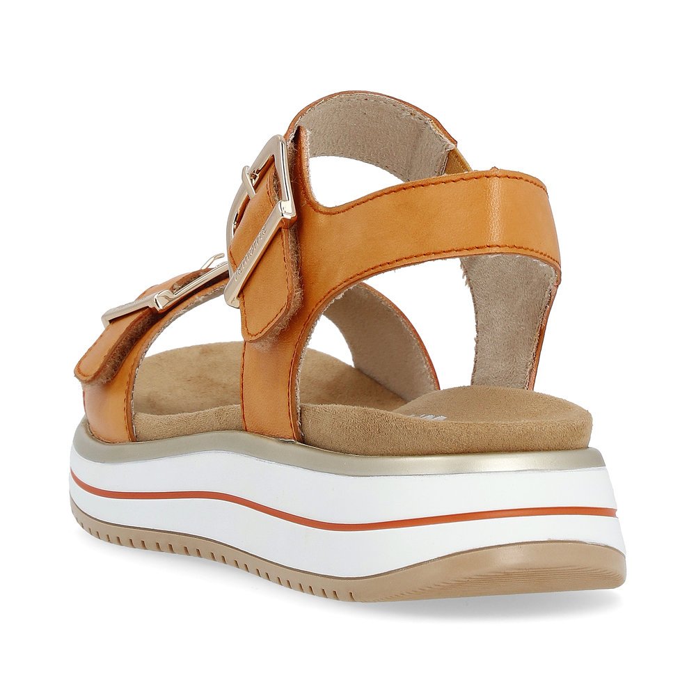 Saffron orange remonte women´s strap sandals D1J51-38 with hook and loop fastener. Shoe from the back.