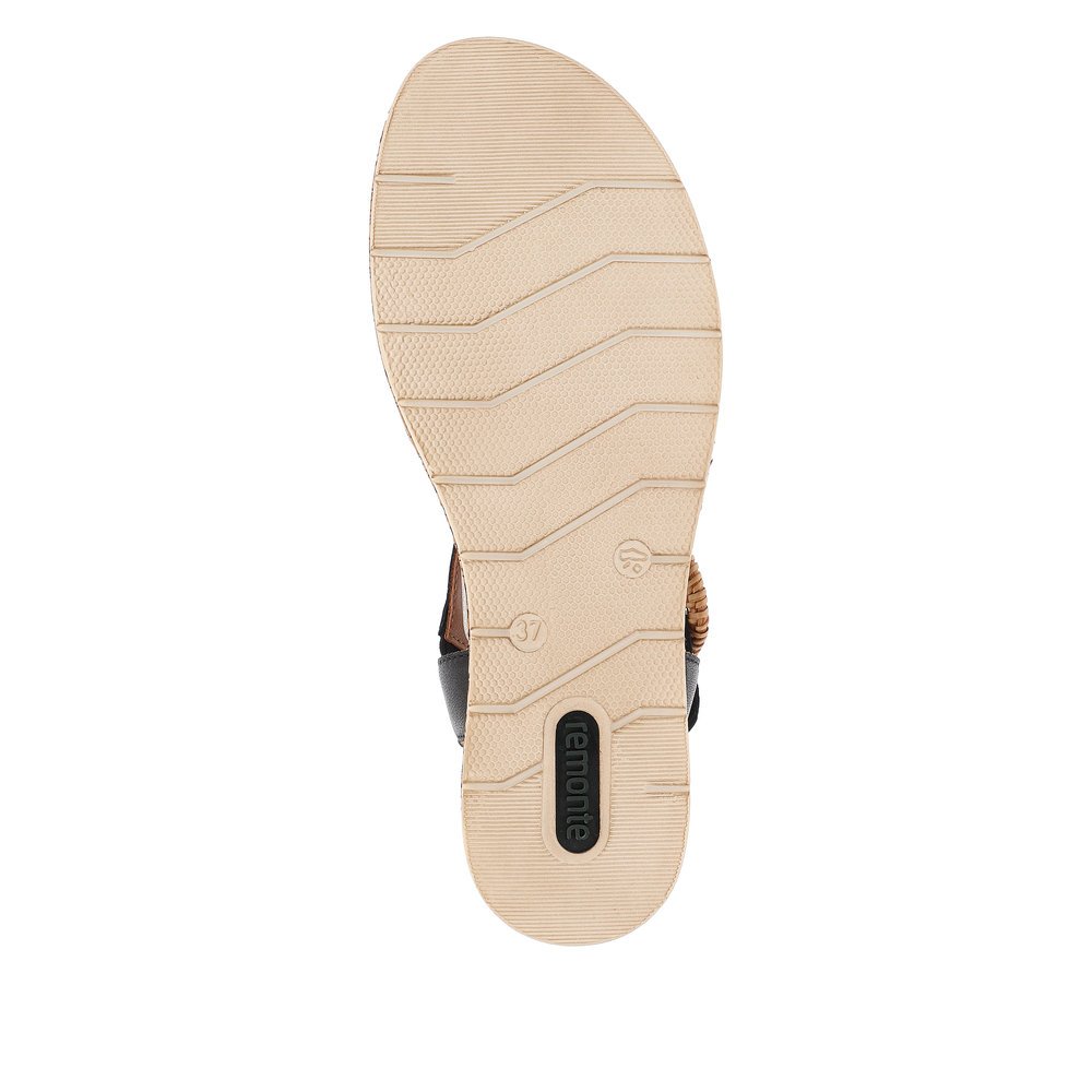 remonte sandales compensées noires femmes D3067-02 avec fermeture velcro. Semelle extérieure de la chaussure.