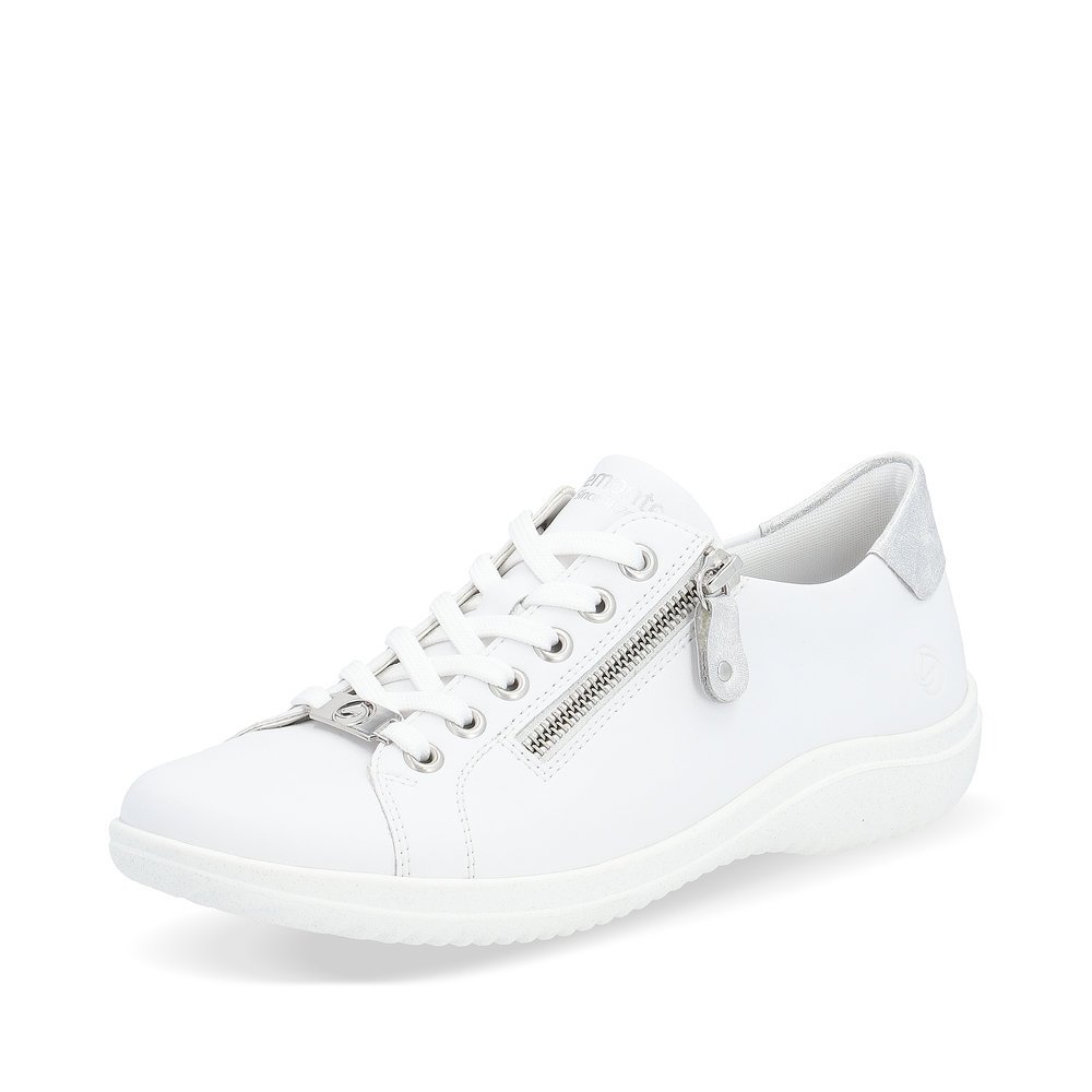 Weiße remonte Damen Schnürschuhe D1E03-80 mit einem Reißverschluss. Schuh seitlich schräg.