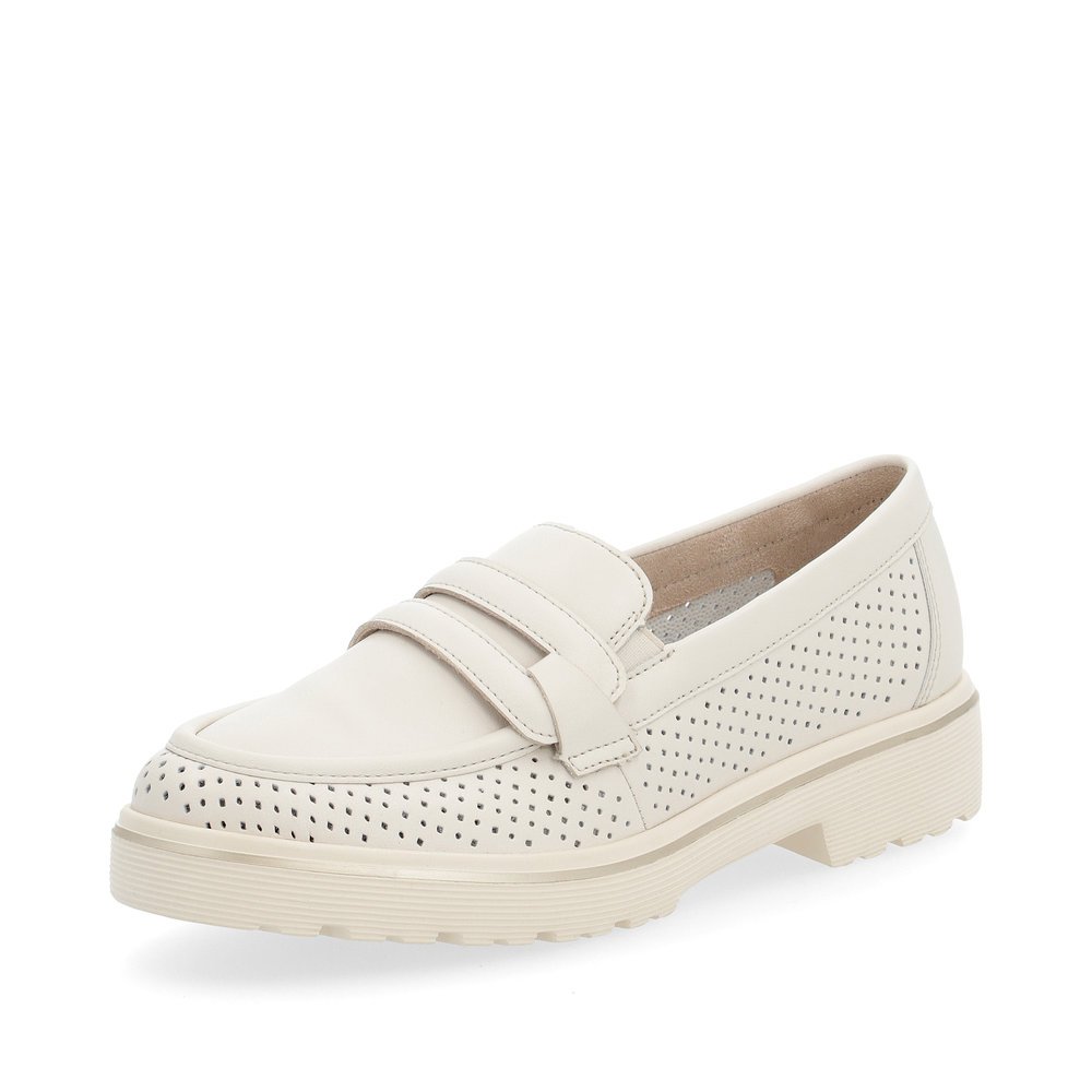 Beige remonte women´s loafers D1H03-60 with elastic insert and perforated look. Shoe laterally.