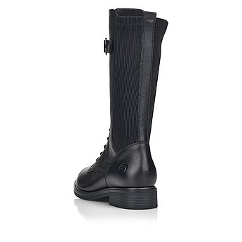 Schwarze Stiefel leicht wärmend aus Glattleder mit Reißverschluss und Schnürung, Stretch-Einsatz im Wadenbereich und Wechselfußbett. Schuh von hinten.