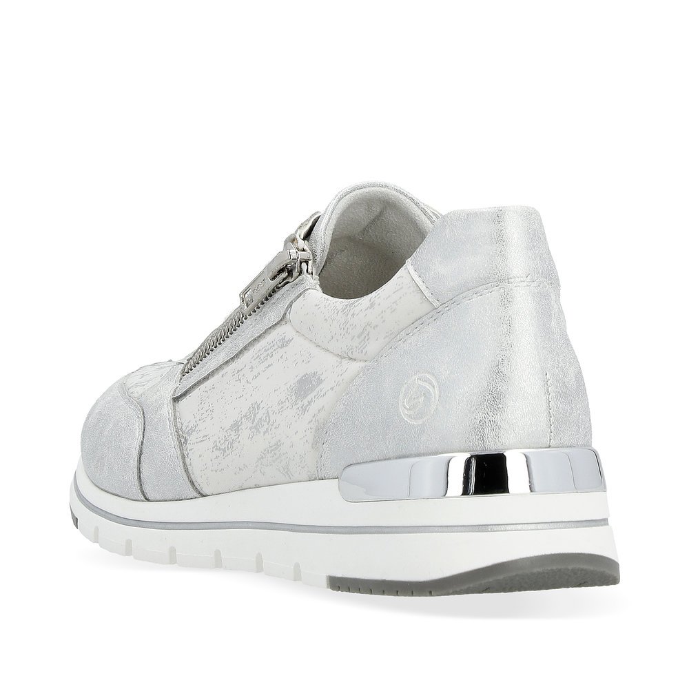 Silberne remonte Damen Sneaker R6700-91 mit einem Reißverschluss. Schuh von hinten.