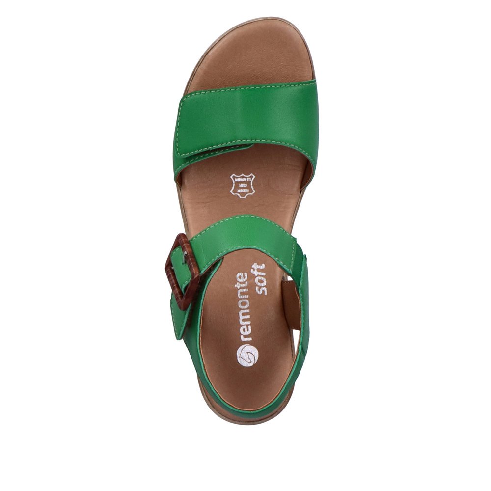Emerald green remonte women´s strap sandals D0N52-52 with a hook and loop fastener. Shoe from the top.