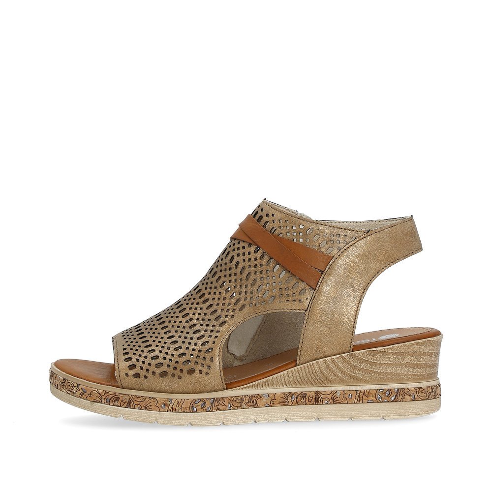 Metallic remonte women´s wedge sandals D3075-90 with a zipper and perforated look. Outside of the shoe.