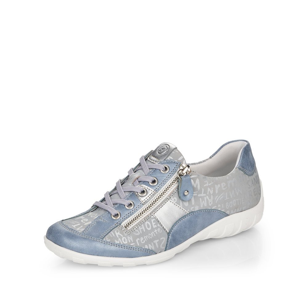 Blue remonte women´s lace-up shoes R3403-14 with a zipper and text pattern. Shoe laterally.