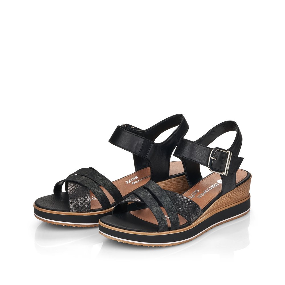 Jet black remonte women´s wedge sandals D6454-00 with a hook and loop fastener. Shoes laterally.