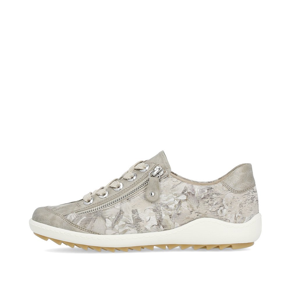 Beige remonte women´s lace-up shoes R1402-62 with a zipper and floral pattern. Outside of the shoe.