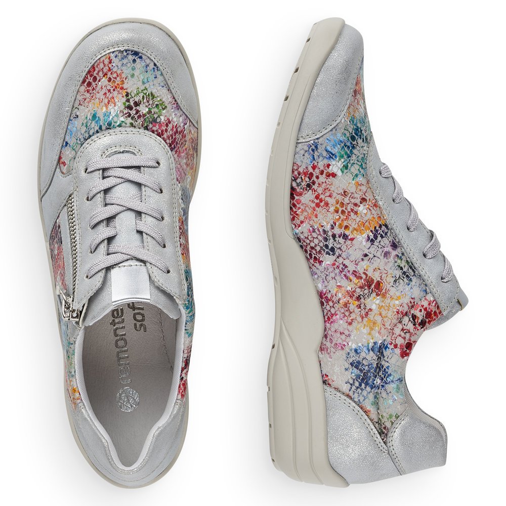 Colorful remonte women´s lace-up shoes R7637-40 with zipper and multicolor print. Shoe from the top, lying.