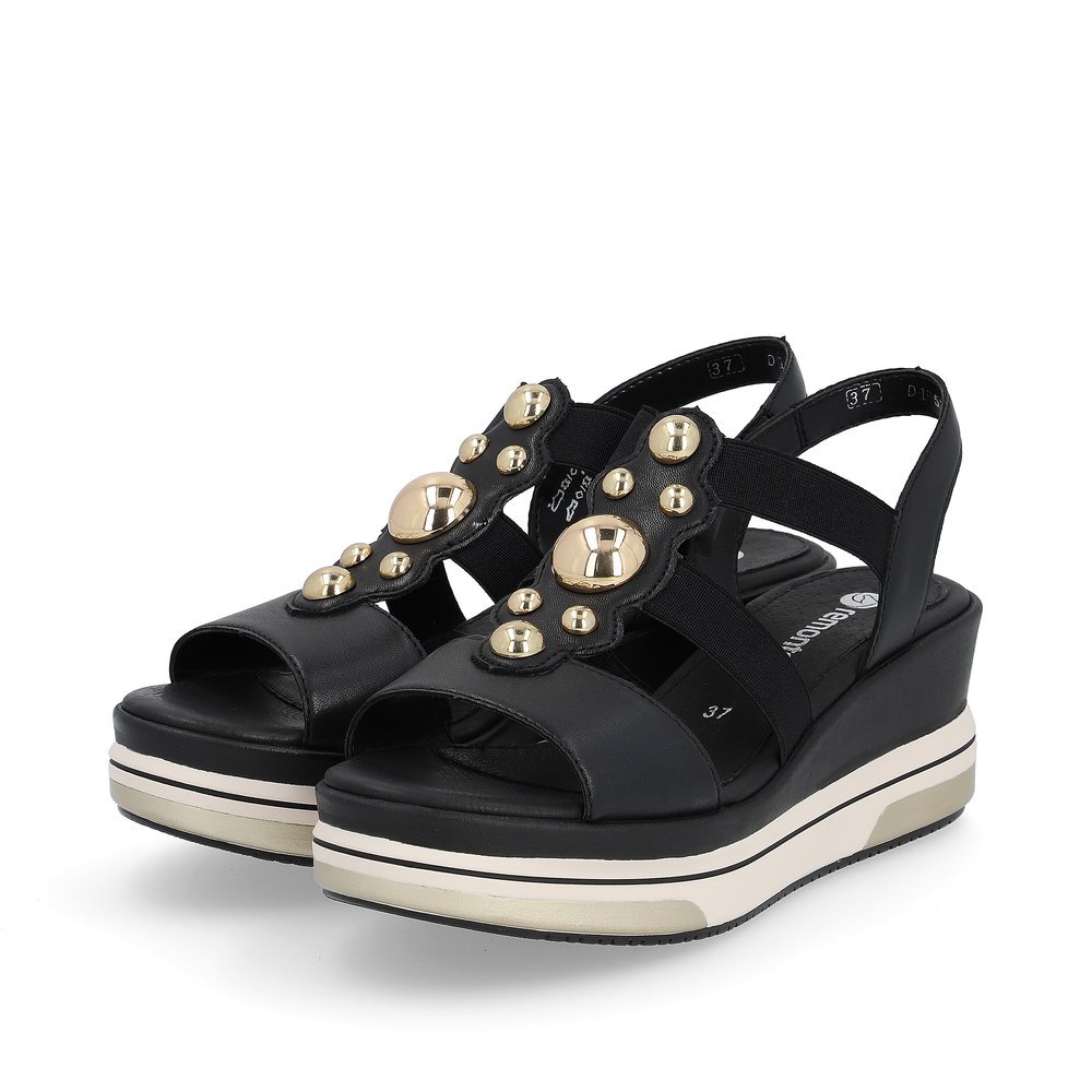 remonte sandales compensées noires femmes D1P52-02 avec insert élastique. Chaussures inclinée sur le côté.