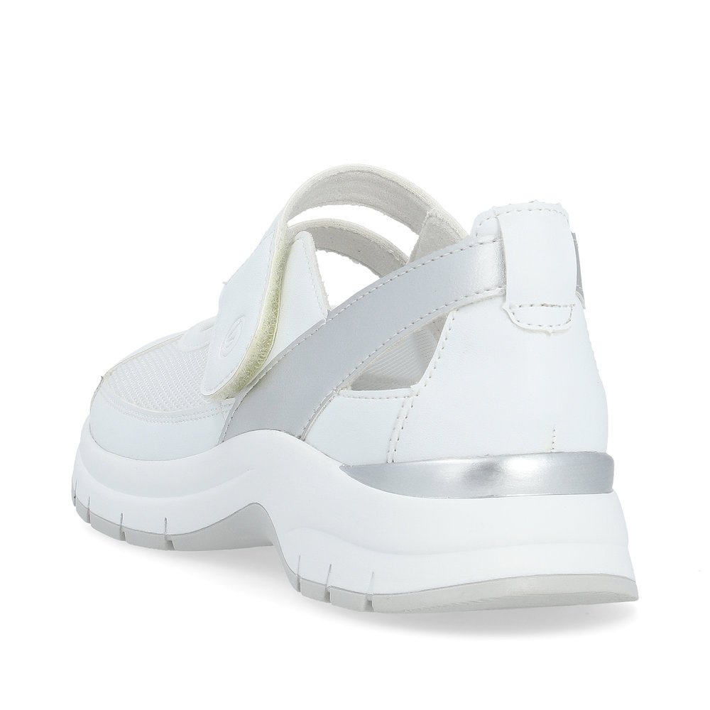 Pure white remonte women´s slippers D0G08-80 with a hook and loop fastener. Shoe from the back.