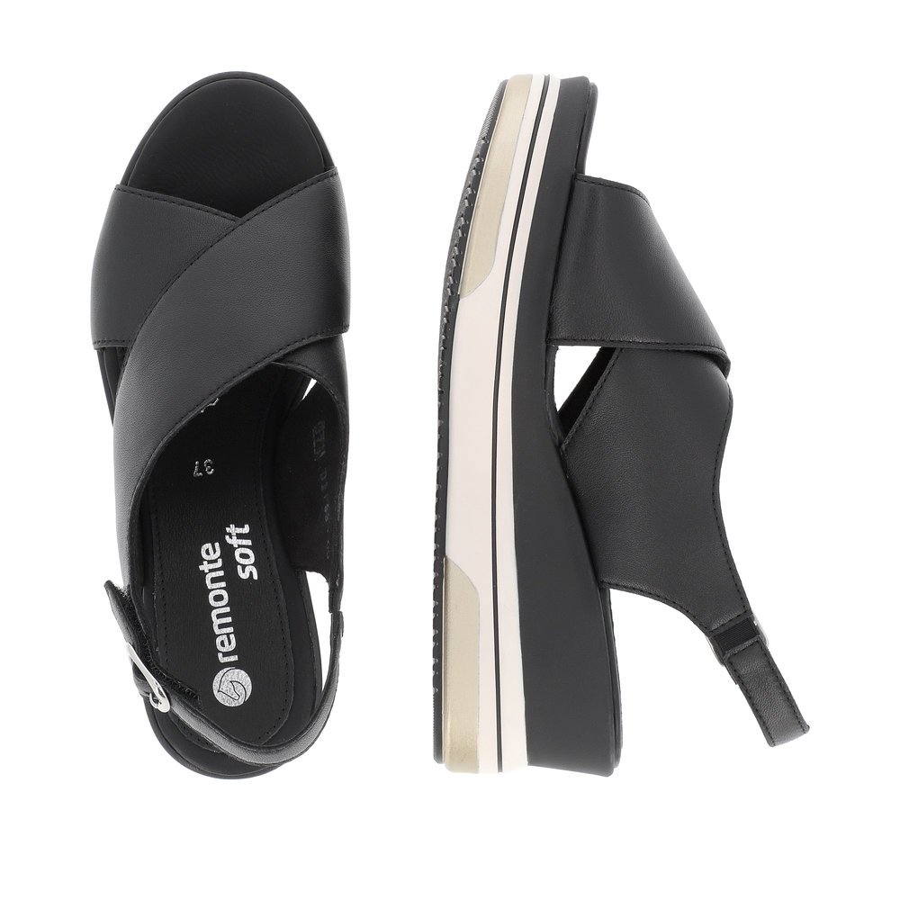 Night black remonte women´s wedge sandals D1P53-00 with a hook and loop fastener. Shoe from the top, lying.