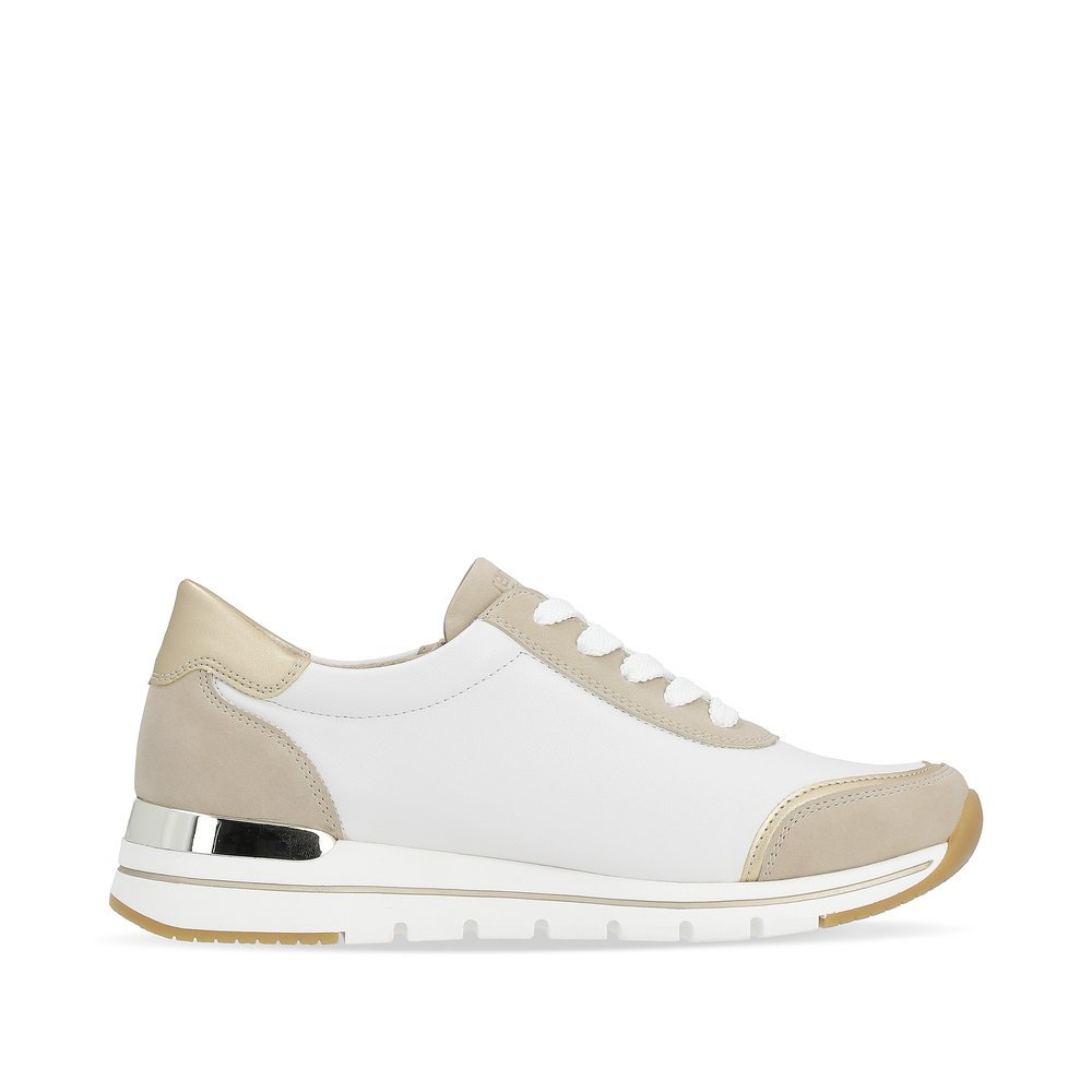 White vegan remonte women´s sneakers R6709-80 with a zipper and comfort width G. Shoe inside.