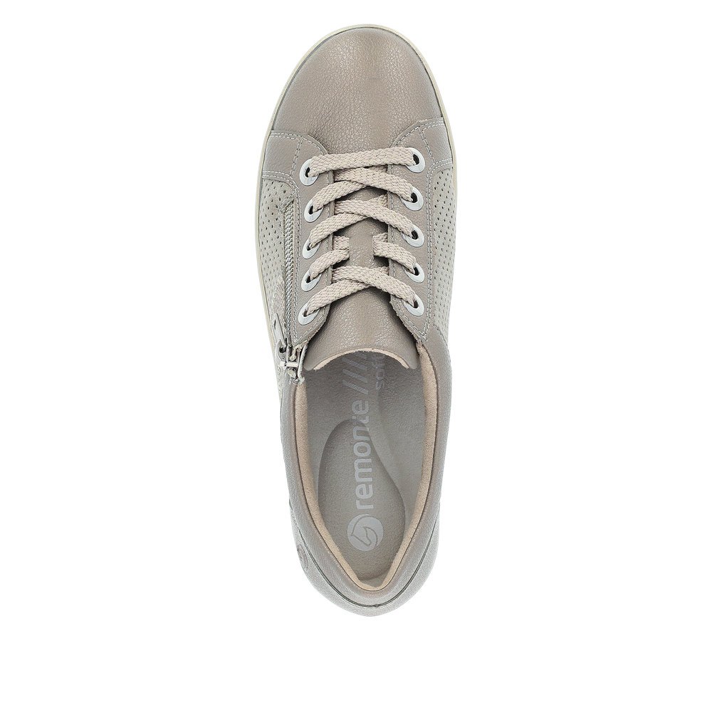 Grey beige remonte women´s sneakers R7219-90 with a zipper and perforated look. Shoe from the top.