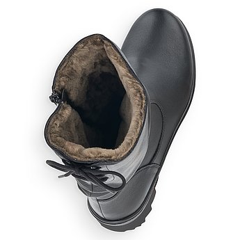 Schwarze Stiefeletten warm gefüttert aus Glattleder mit Reißverschluss und Wechselfußbett. Schuhe Innenseite.