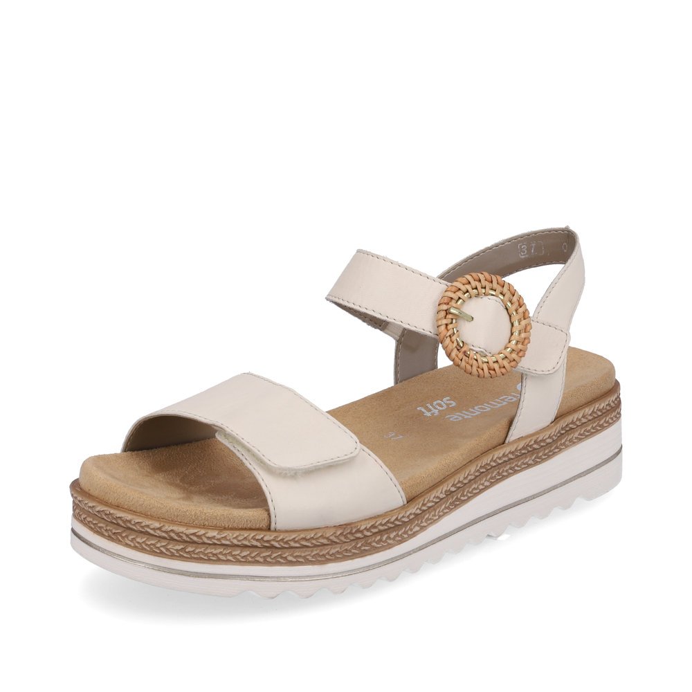 remonte sandales à lanières beiges femmes D0Q52-60 avec fermeture velcro. Chaussure inclinée sur le côté.