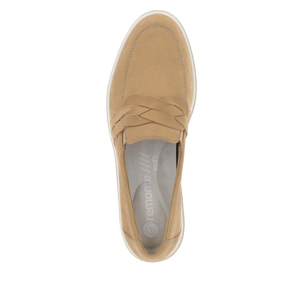Beige remonte women´s loafers D1H01-60 with an elastic insert and braided strap. Shoe from the top.