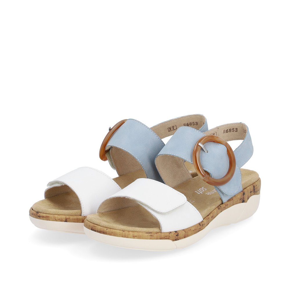 Blue remonte women´s strap sandals R6853-10 with hook and loop fastener. Shoes laterally.
