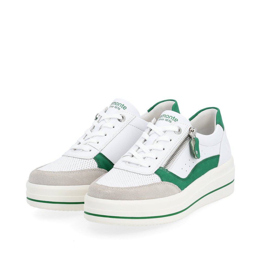 White remonte women´s sneakers D1C00-80 with zipper and comfort width G. Shoes laterally.