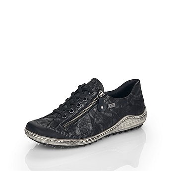 Schwarze Halbschuhe aus Lederimitat mit Reißverschluss und Schnürung, wasserabweisendem Remonte TEX und Wechselfußbett. Schuh seitlich schräg.