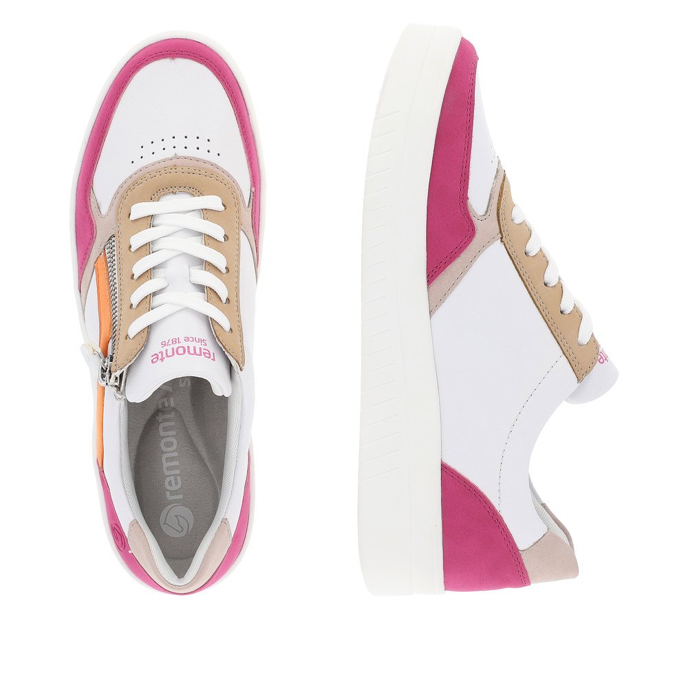 Weiße remonte Damen Sneaker D0J01-84 mit Reißverschluss. Schuh von oben, liegend.