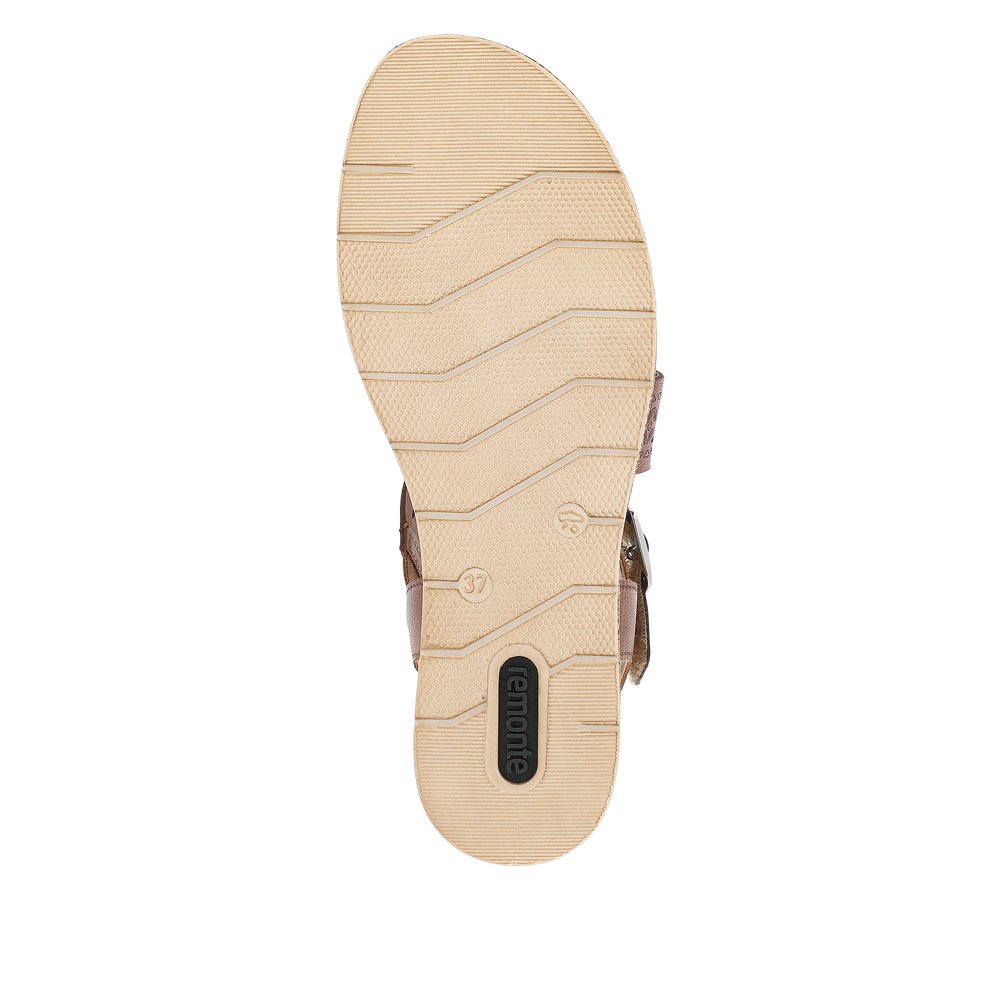 remonte sandales compensées marron femmes D3069-24 avec fermeture velcro. Semelle extérieure de la chaussure.