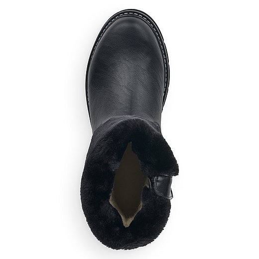 Schwarze Stiefeletten warm gefüttert aus Lederimitat mit Reißverschluss, wasserabweisendem Remonte TEX und Wechselfußbett. Schuh von oben. 