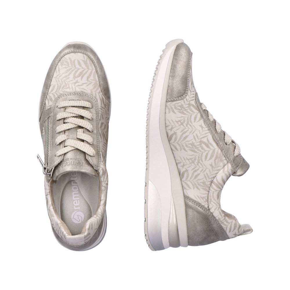 Beige remonte women´s sneakers D2401-60 with zipper and tropical pattern. Shoe from the top, lying.