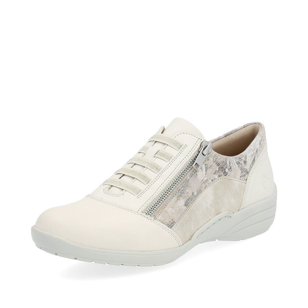 Beige remonte women´s lace-up shoes R7679-60 with a zipper and washed-out pattern. Shoe laterally.