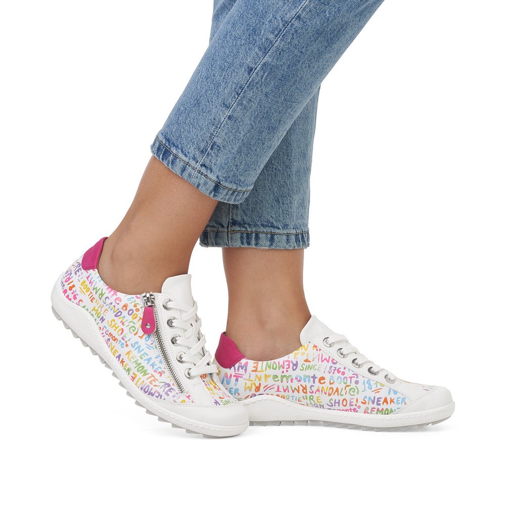 Multi-colored remonte women´s lace-up shoes R1402-80 with zipper. Shoe on foot.