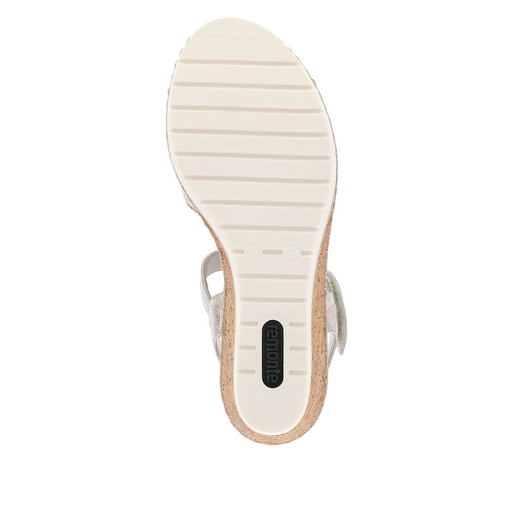Multi-colored remonte women´s wedge sandals R6252-92 with a hook and loop fastener. Outsole of the shoe.