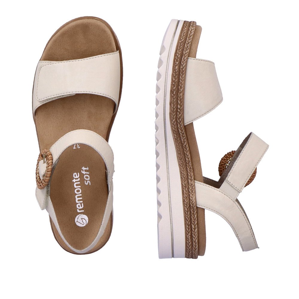 Beige remonte women´s strap sandals D0Q52-60 with a hook and loop fastener. Shoe from the top, lying.