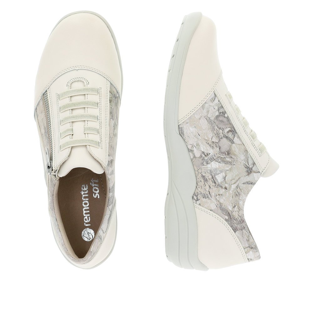 Beige remonte women´s lace-up shoes R7679-60 with a zipper and washed-out pattern. Shoe from the top, lying.