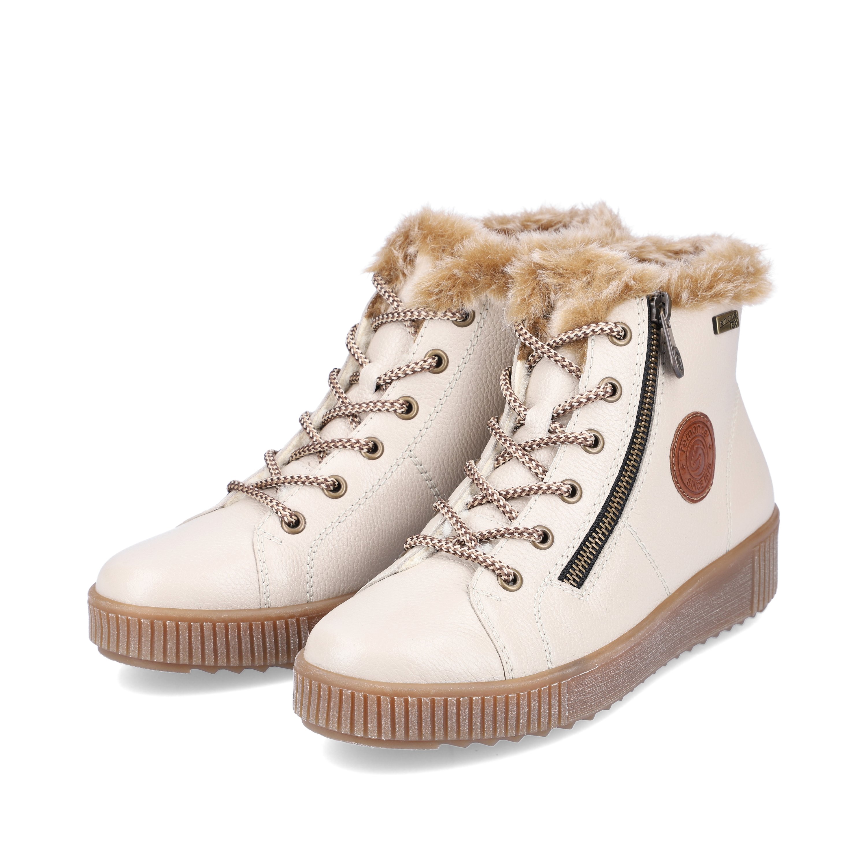Cinnamon white remonte women´s lace-up boots R7980-80 with lacing and zipper. Shoe laterally