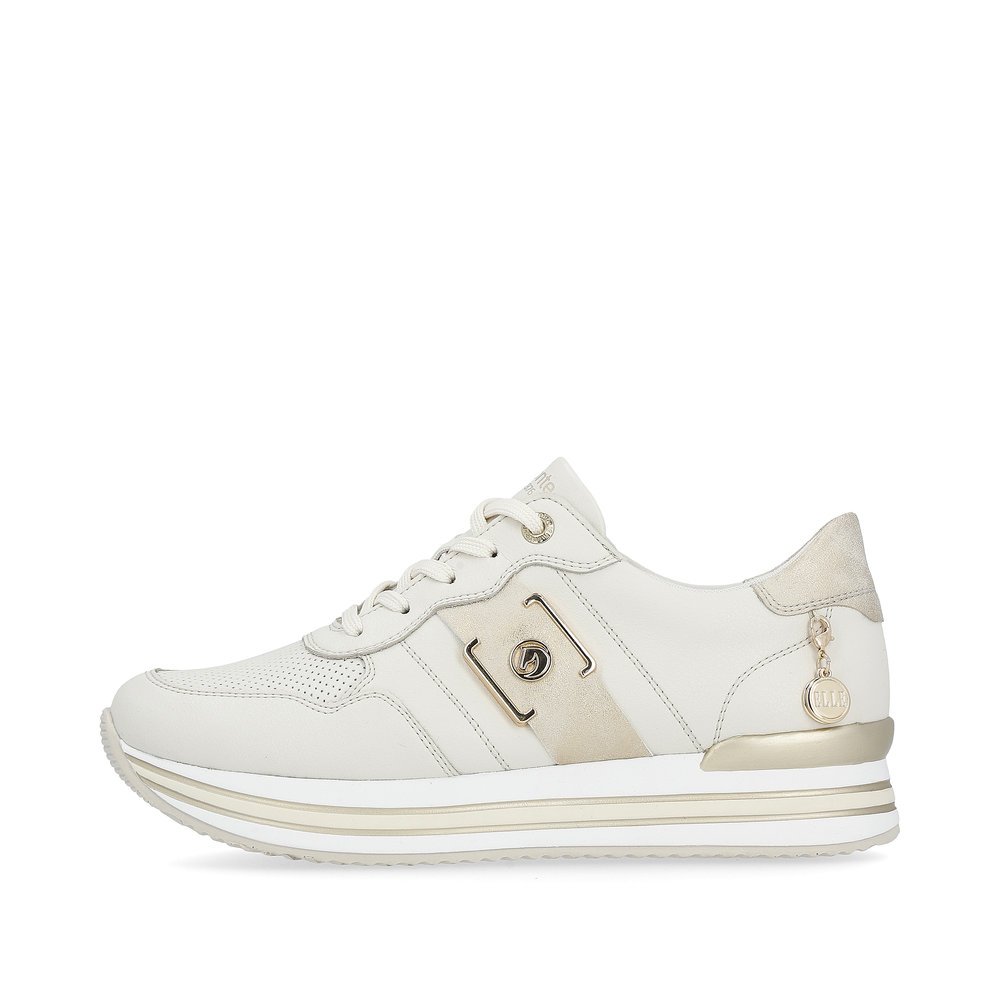 Off-white remonte women´s sneakers D1322-60 with lacing and metal element. Outside of the shoe.