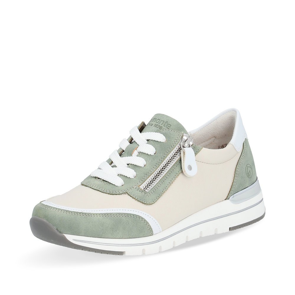 Beige vegan remonte women´s sneakers R6709-81 with a zipper and comfort width G. Shoe laterally.