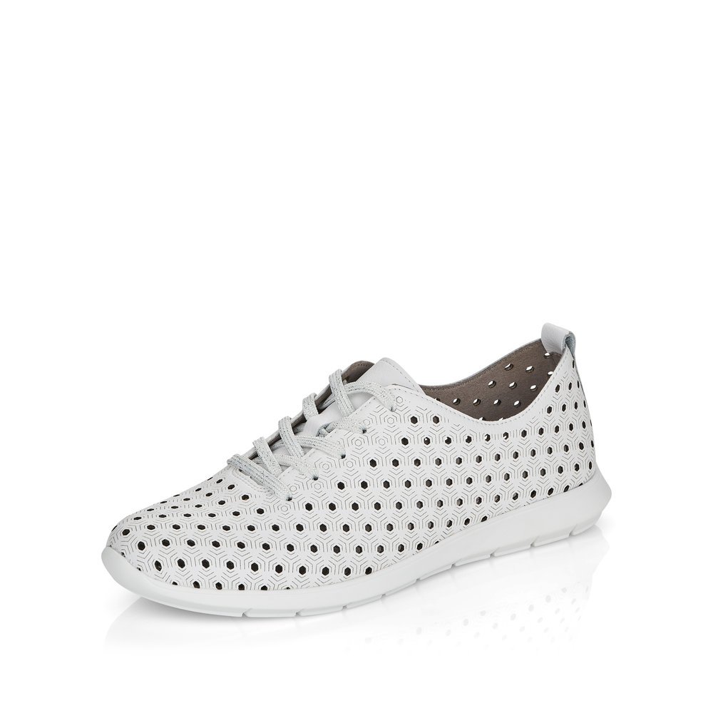 White remonte women´s lace-up shoes R7101-80 with perforated look. Shoe laterally.