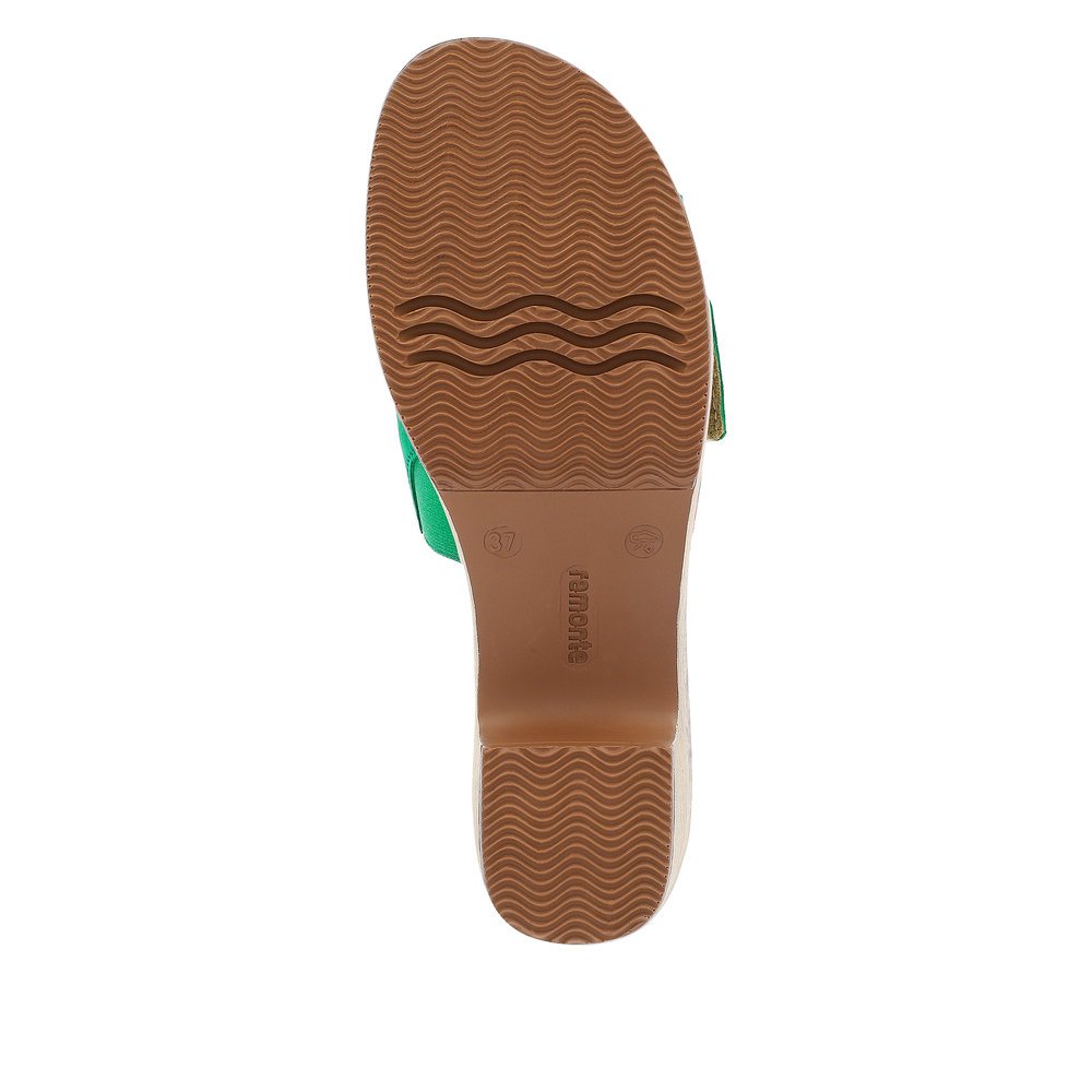 Emerald green remonte women´s mules D0N56-52 with hook and loop fastener. Outsole of the shoe.
